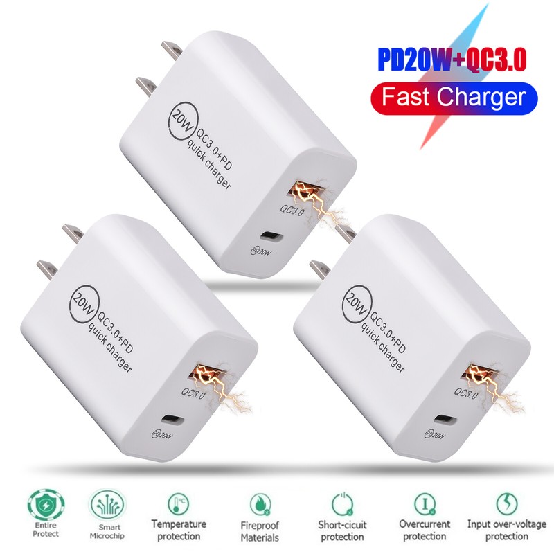 3 PACK QC PD 20W Fast Charger Power Adapter Wall Charger For iPhone 14 13 12 11
