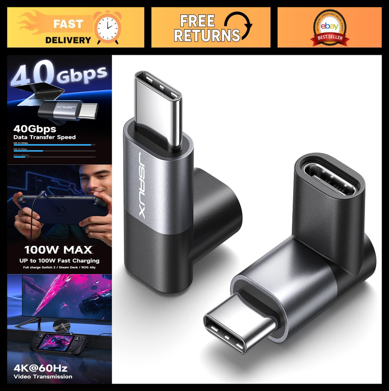 90° USB C to USB C Adapter 2-Pack, 100W 40Gbps Right Angle Type-C for Steam Deck
