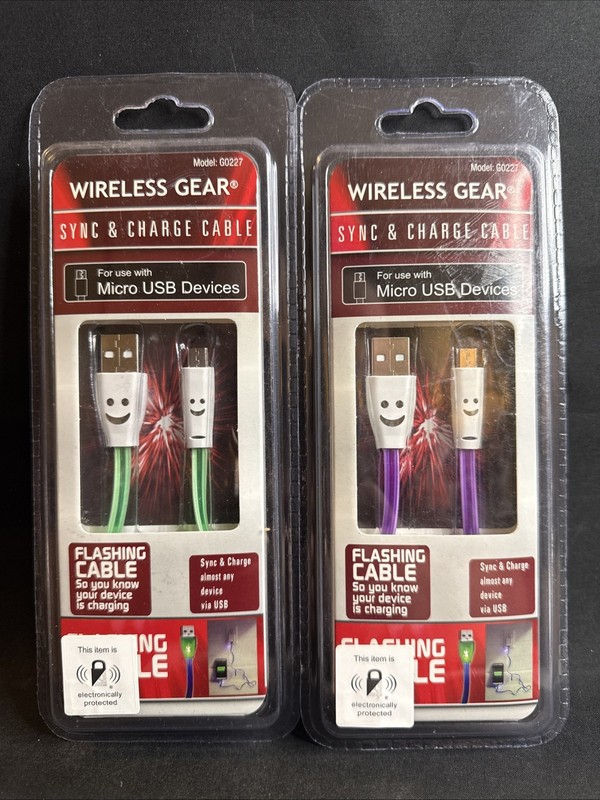 Lot Of 2-Wireless Gear - Sync & Charge Cable -Micro USB Devices - Purple & Green