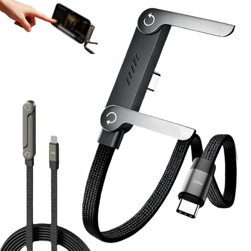 240W Braided Fast Charge Cable with Built-in Phone Stand,T-Shaped Durable Holder