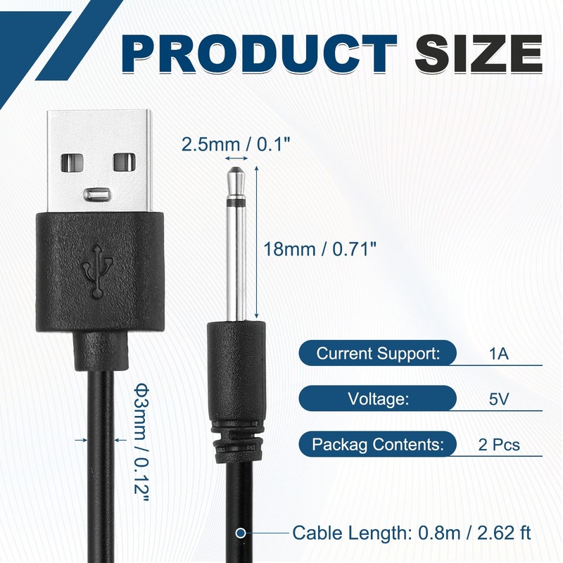 2Pcs 2.6FT DC Charging Cable, USB to DC Power Cable 2.5mm l 18mm, Black gallery