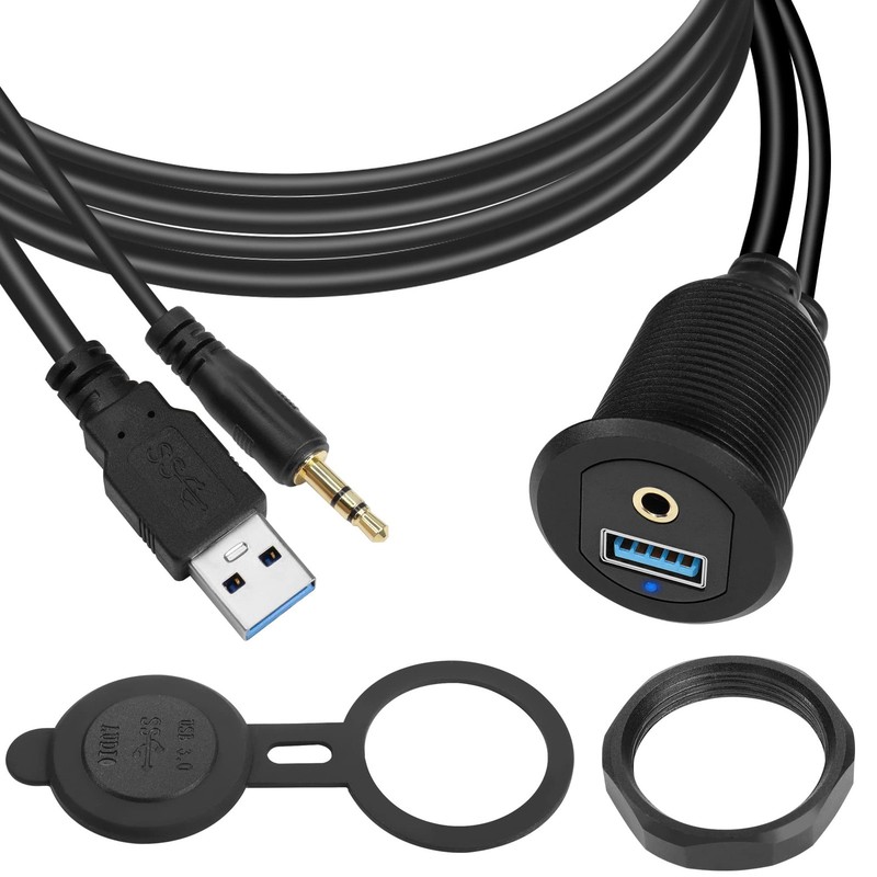 USB3.0 & 3.5mm Audio Threaded Fixed Embedded Car Waterproof Cable 5Gbps TRS 3…