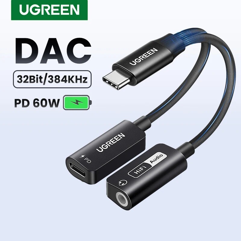 UGREEN USB C to 3.5mm AUX Audio Cable DAC Chip 60W PD QC 2 in 1 Charging Adapter