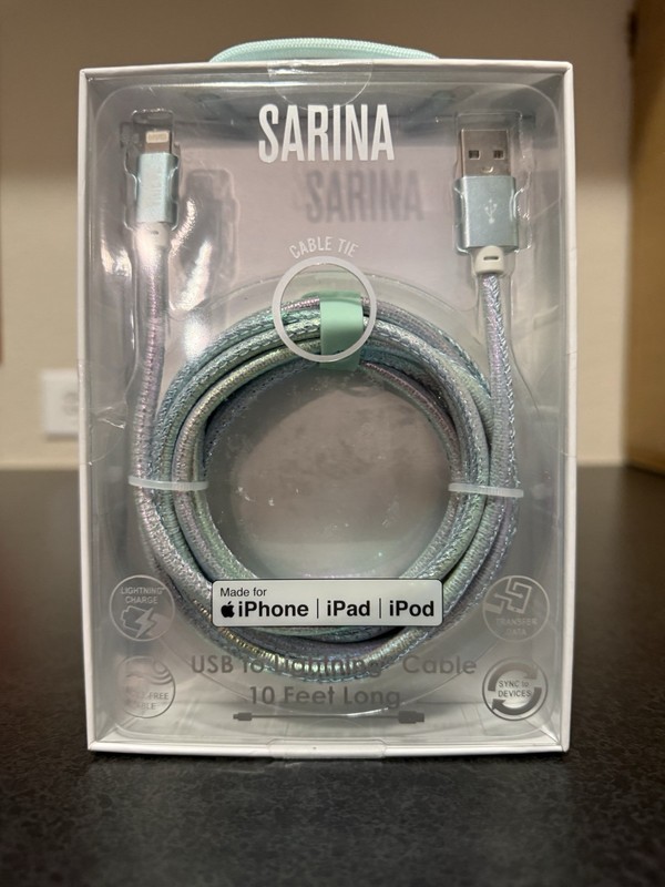 Sarina 10ft USB-A Charge Cable Iridescent Blue For iPhone iPad iPod NEW