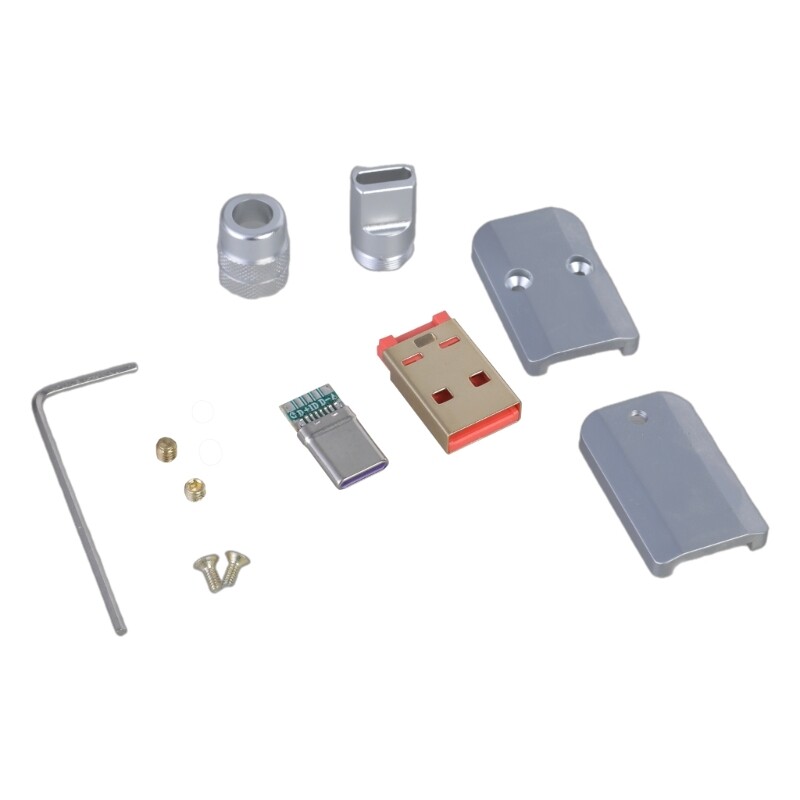 USB 2.0 to Type C Male Plug Connector DIY Black/Silver Aluminum Alloy Shell