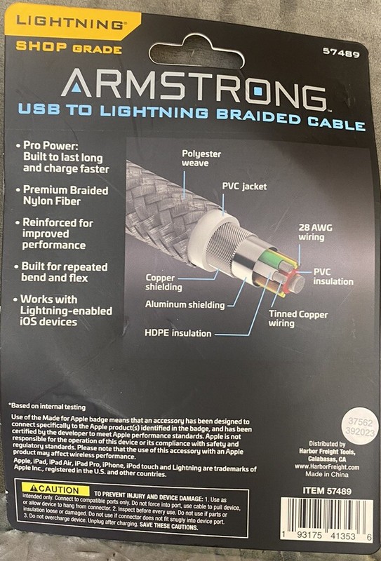 Armstrong USB to Braided Cable -6ft. Cable- iPhone/iPad/iPod - #57489 BRAND NEW! gallery