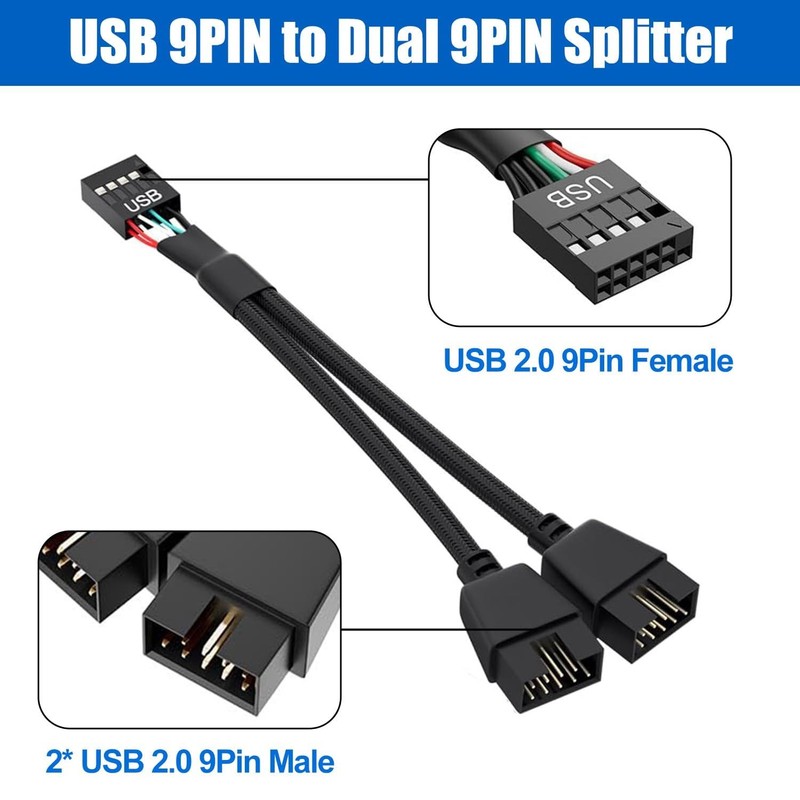 2PCS Motherboard USB Header Splitter 9Pin USB 2.0 to Dual 9Pin Extension Cable M gallery