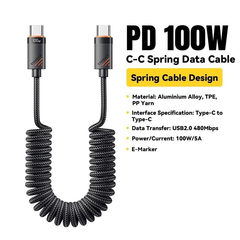 100W USB-C to USB-C Car Charger Cable Coiled Spring Fast Charging PD Type-C