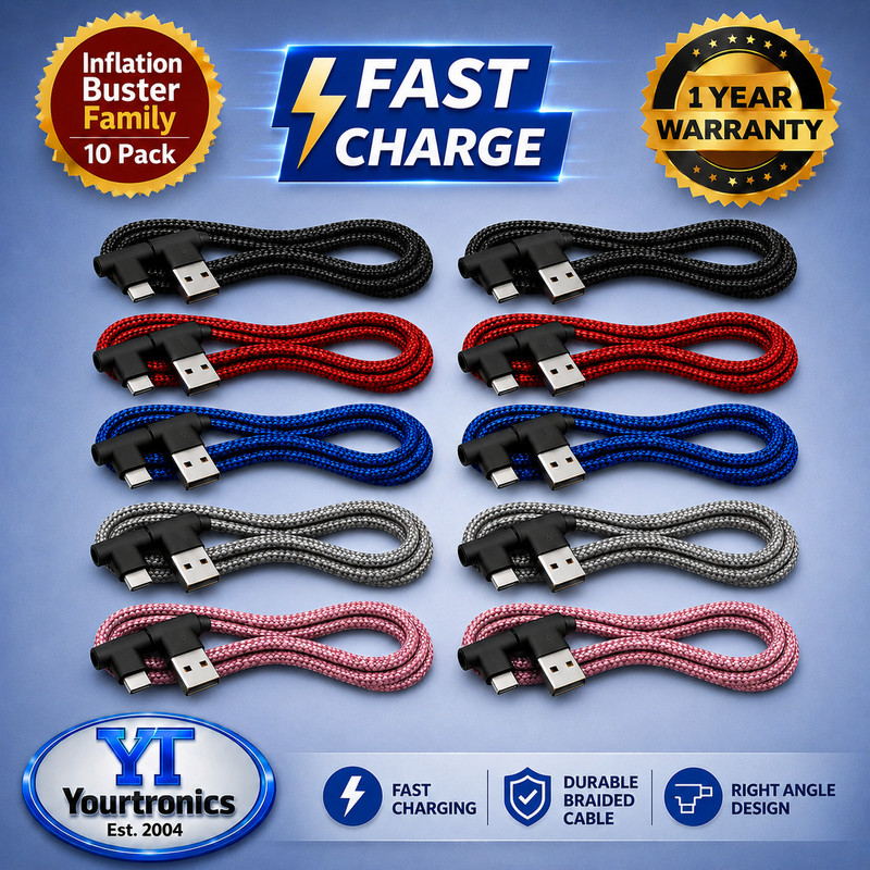 10x 6FT 90 Degree Angle Type USB-C to USB-A Fast Charger Cable Charging Cord