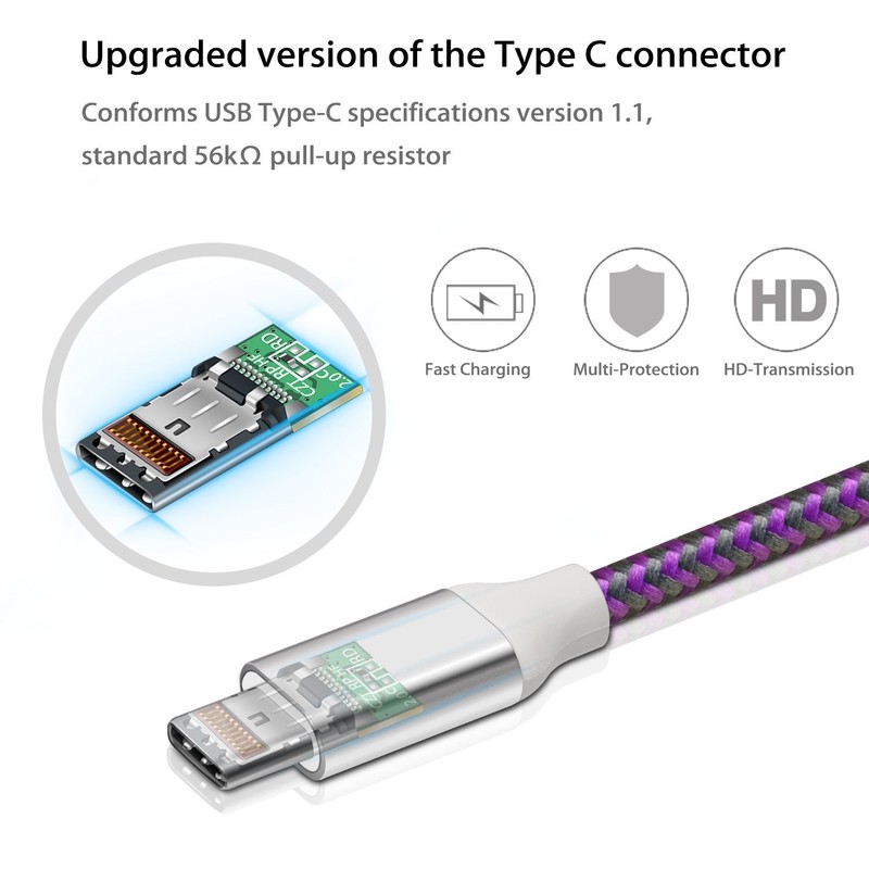 3 Pack 10ft Long USB C to A Cables 3A Fast Charging Cord Blue Purple Pink gallery