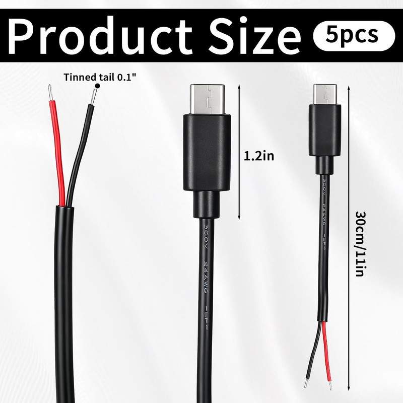 Zelphvt 5 Pcs USB C to 2 Pin Bare Wire Open End Power Cable 11inch 24AWG USB ... gallery