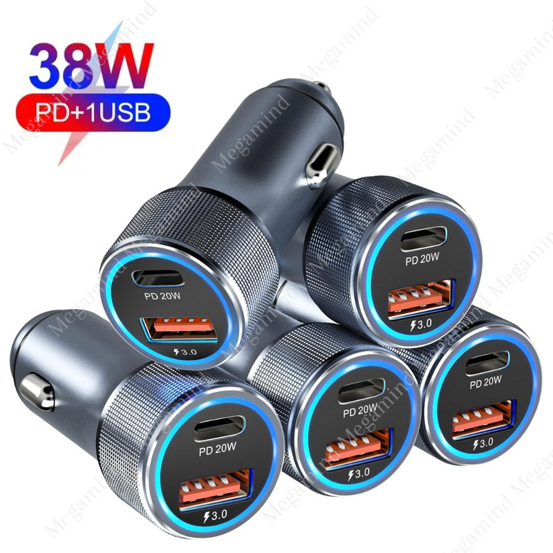 38W USB Type-C PD Car Phone Charger Fast Charge Adapter Cigarette Lighter Socket