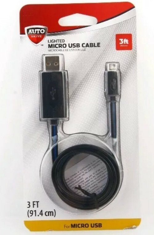 Lot if 10 AUTO DRIVE LED Light Micro USB Charge/Sync Cable 3ft Black w/ Blue LED