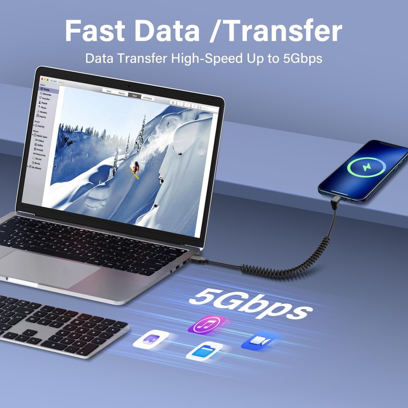 USB Type C Coiled Cable 5Gbps Retractable 90 Degree 3.0 Charging Data Transfer gallery