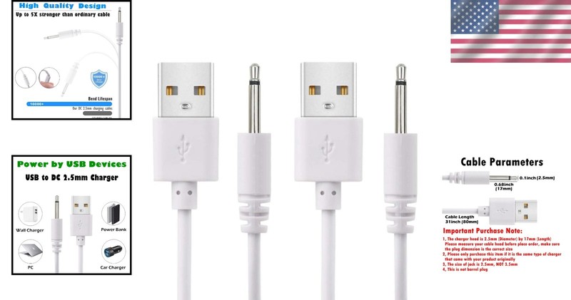 Durable 2.7ft USB to DC 2.5mm Charging Cord for Rechargeable Devices - 2 Pack gallery