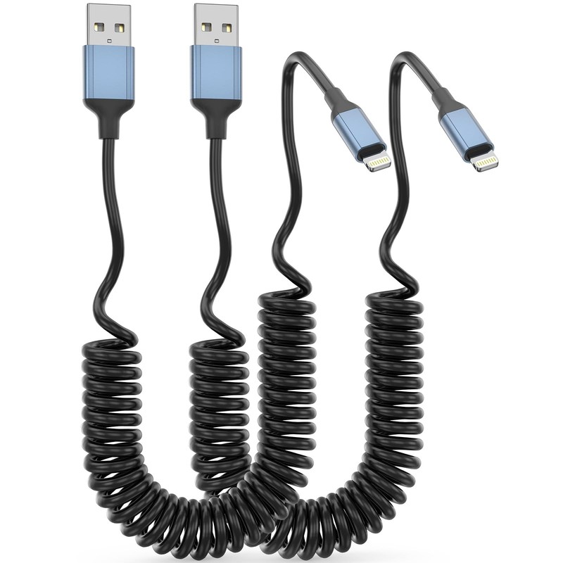Coiled Lightning Cable for Car, [MFi Certified] 2Pack Retractable 3FT, Black