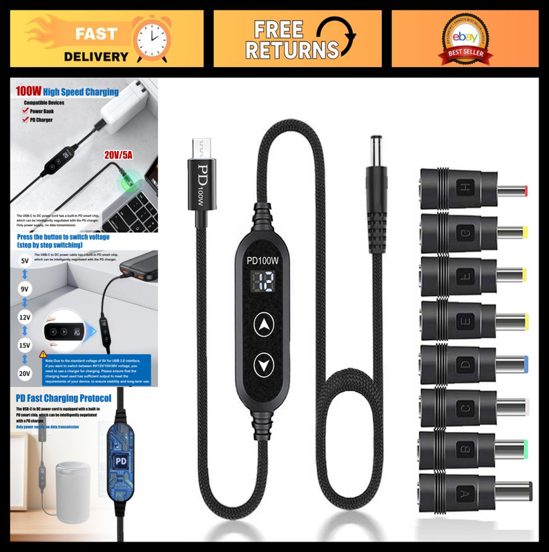 100W USB C to DC Charger Cable with 8 DC Heads & LED Display, 5V-20V Adapter for