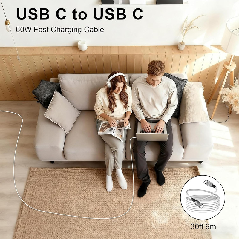 30Ft USB C Cable,60W Extra Long USBC to USBC Fast Charging Cable for Iphone 17 T gallery