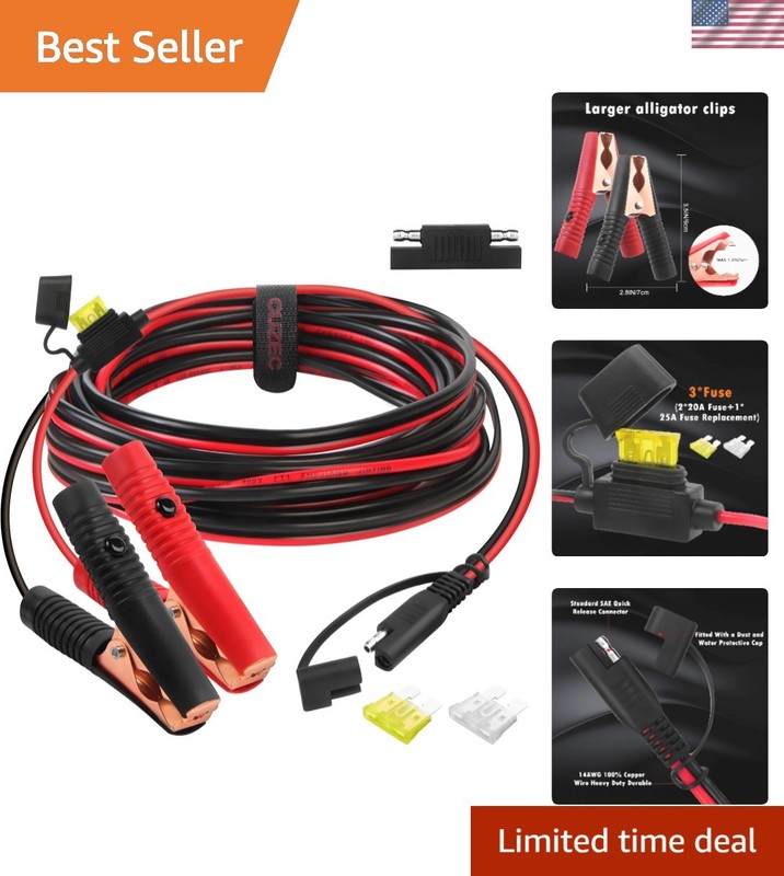 Battery Cable 10FT Alligator Clip to SAE Connector 20A 12V-24V