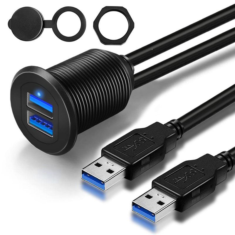 Double Port USB 3.0 Car Mount Flush Cable, USB3.0 Male to Female Car Mount