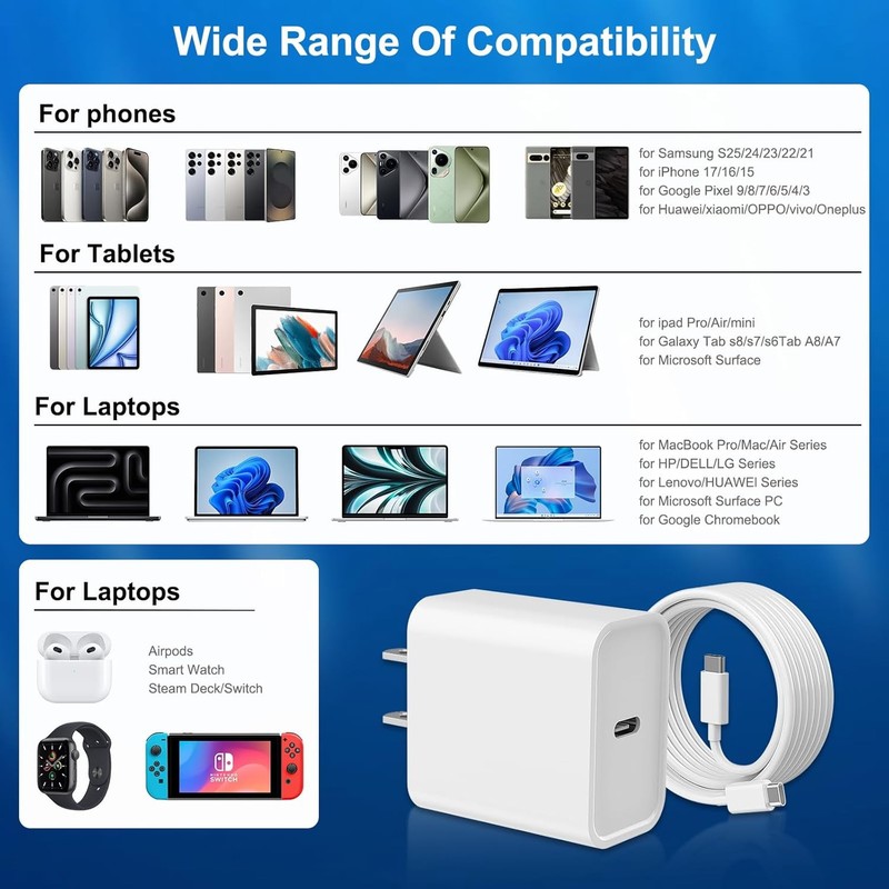 20W Fast Charger For iPhone 17 16 15 Air iPad Pro Samsung USB-C Adapter PD Cable gallery