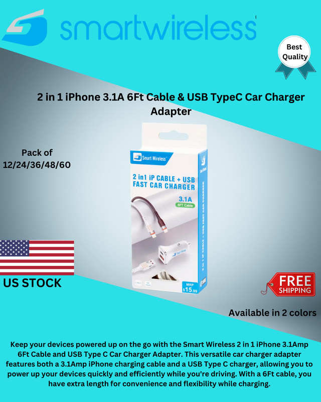 Pack of 12 2 in 1 iPhone 3.1A 6Ft Cable & USB TypeC Car Charger Adapter Lot gallery