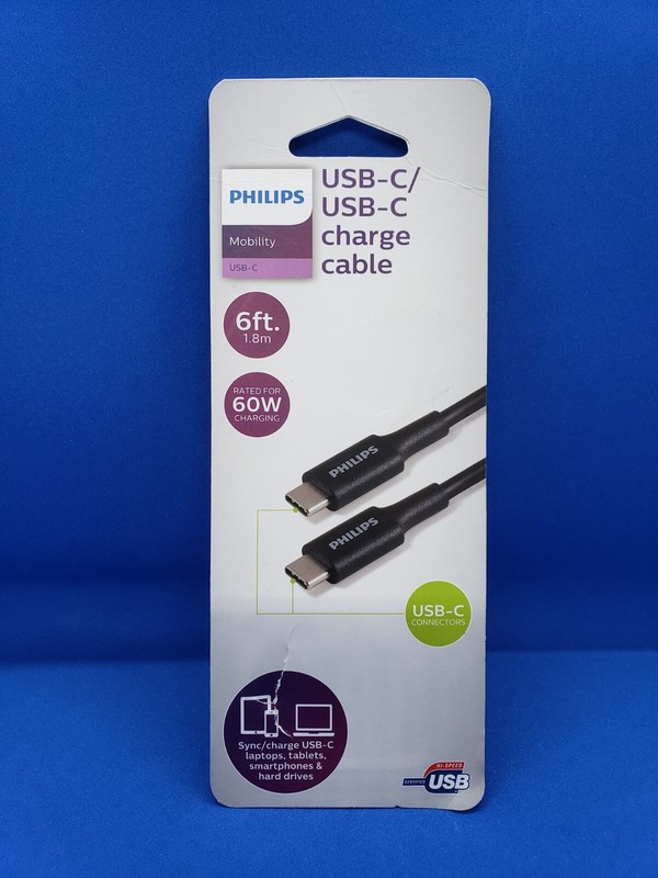 Philips 6′ USB-C to USB-C Charge Cable 60W Black- NEW AND SEALED