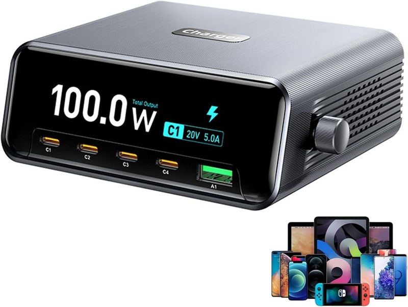 5Port Gan Desktop Charging Station, 265w USB C/A Fast Charger Block, 2.3″ Lcd