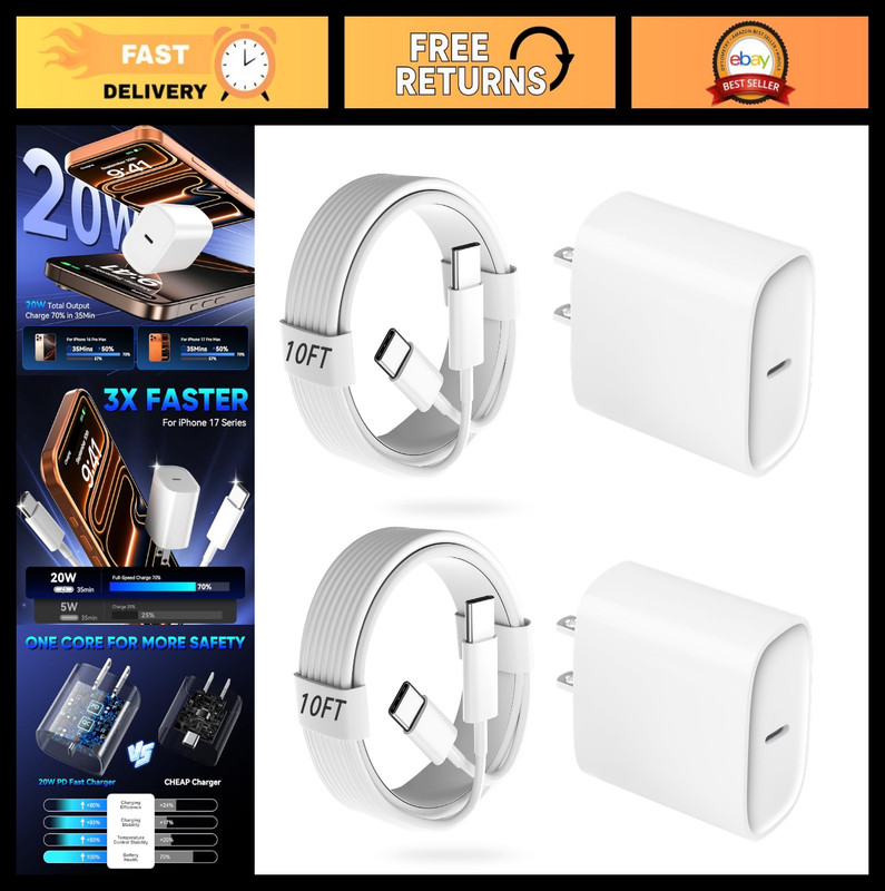 Fast Charging 20W USB C Charger Block & 10ft Type C Cable for iPhone 17/16/15 Pr