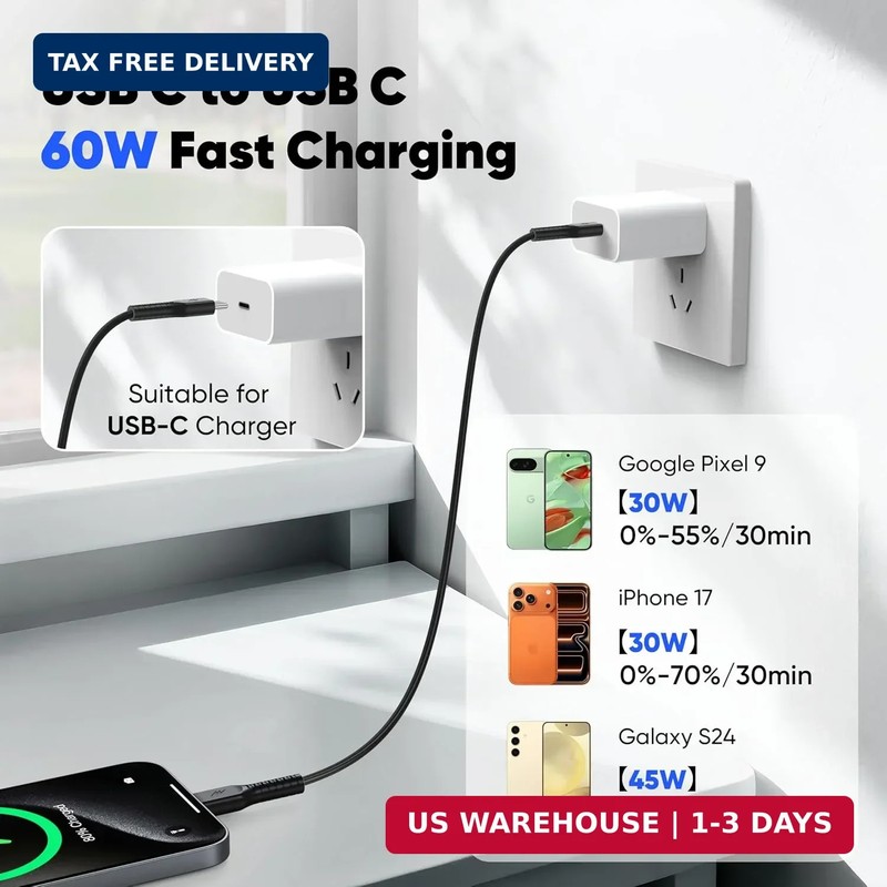 USB C to USB C Cable 2ft 2 Pack, Short 60W Fast Charging & 480Mbps Data Transfer gallery