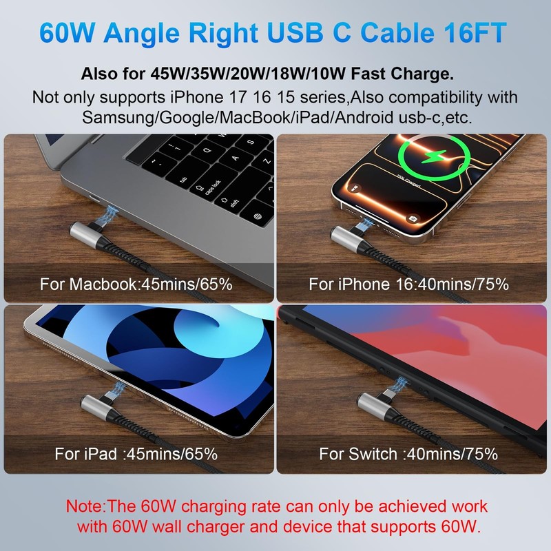 USB C Cable 16FT Fast Charging 60W Right Angle USB C to Type C Charger Cable ... gallery