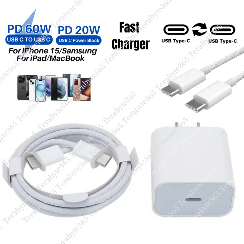 For iPhone 15 iPad Pro Samsung PD Type C Fast Charger Cube USB C To C Cable LOT