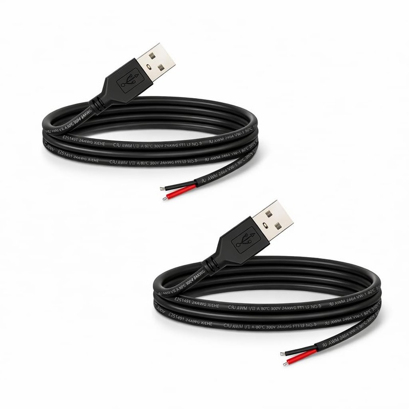 2 PCS USB Pigtail Power Cable Wire 3.28Ft 24AWG 2A 5V Bare Open End Black
