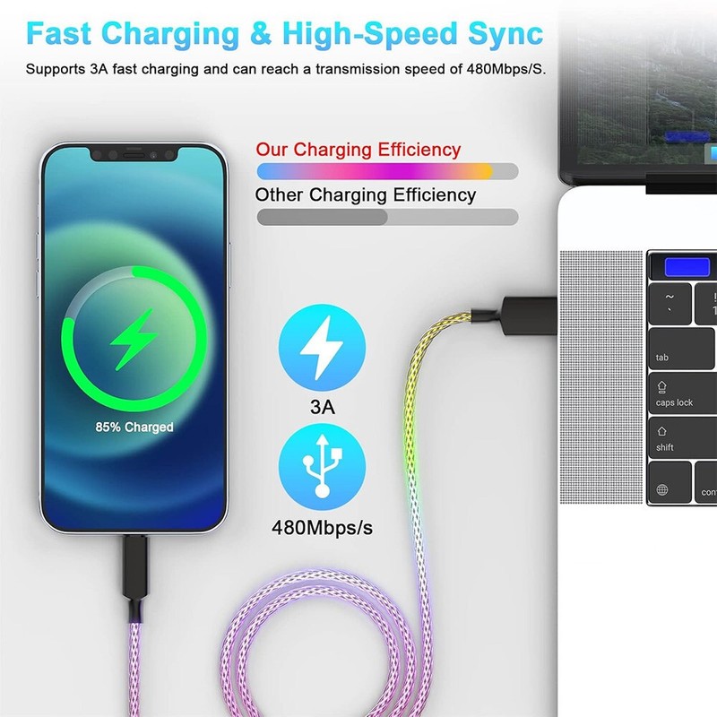 3FT USB C Cable RGB LED Light Fast Charging Cord for Samsung S25 S25+ Ultra gallery