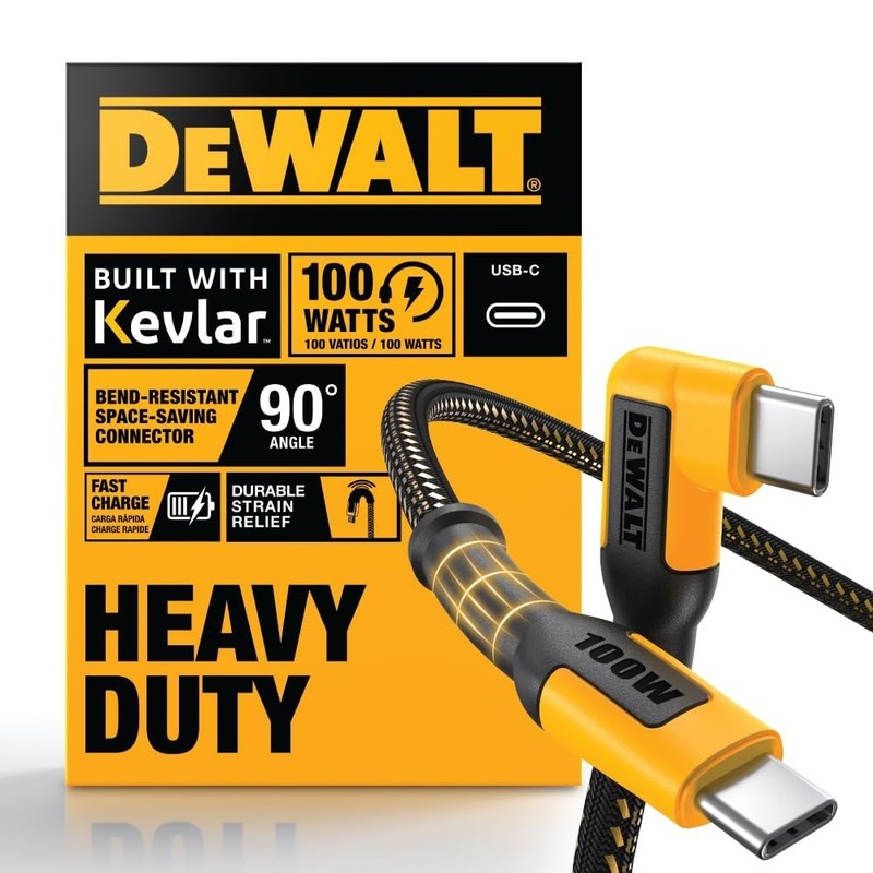DEWALT Heavy Duty 90-Degree Angled 100W USB C Cable, Jobsite 100 Watt USB C Cabl