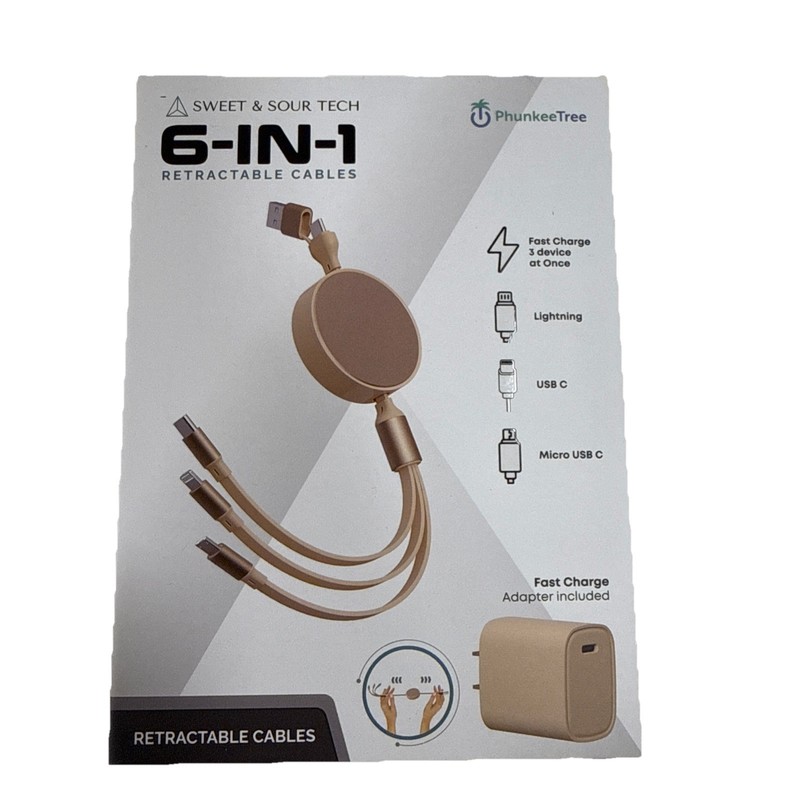 NEW Phunkee Tree 6-In-1 Retractable Cable SWEET SOUR TECH W/ FAST CHARGE ADAPTER