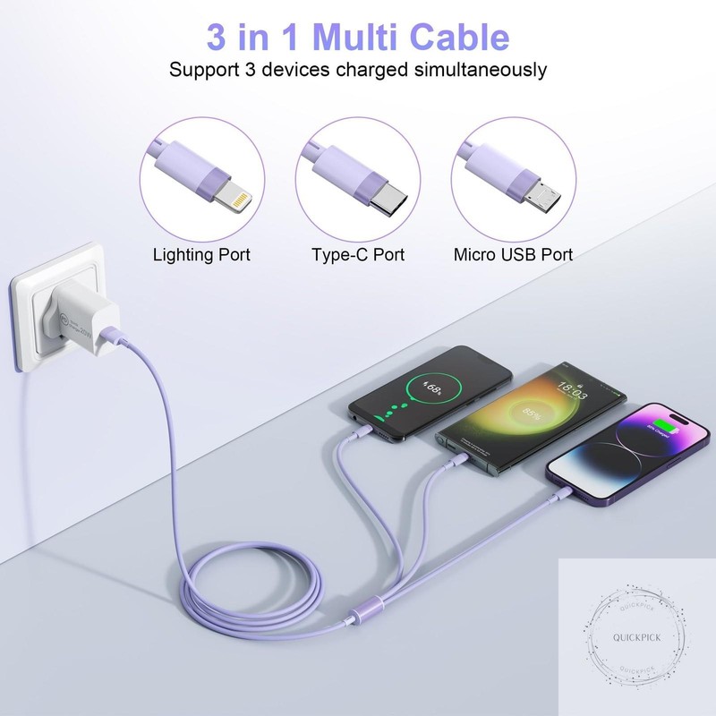 3-in-1 Multi USB Charging Cable 6ft/1.8m Mfi Certified Fast Charger Adapter Cord gallery