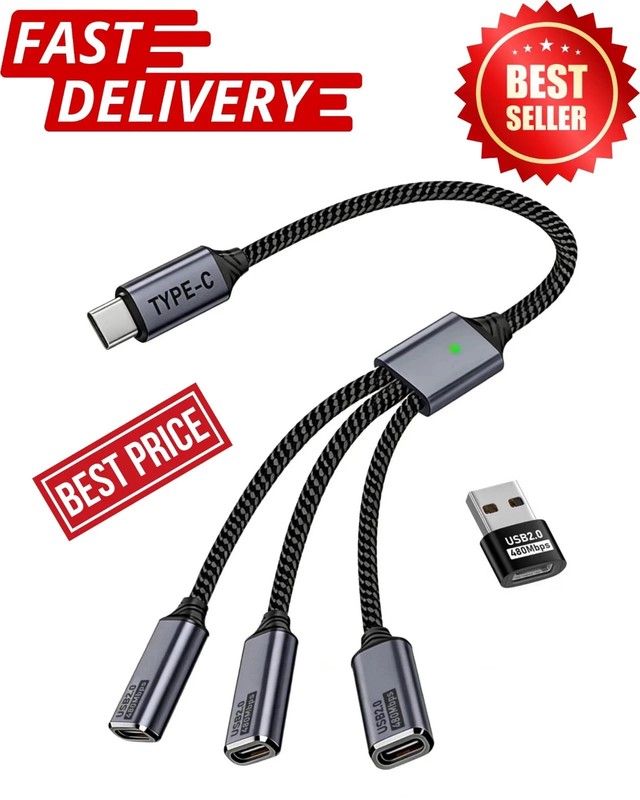 USB C Splitter 1 in 3 USB-C Out, USB Type C Splitter, USBC Male to Multi Type C