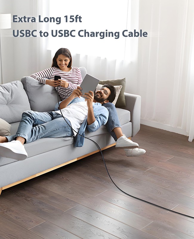 Extra Long USB C to C Cable 100W [15ft/2 Pack] Charger 15FT 2Pack, Black gallery