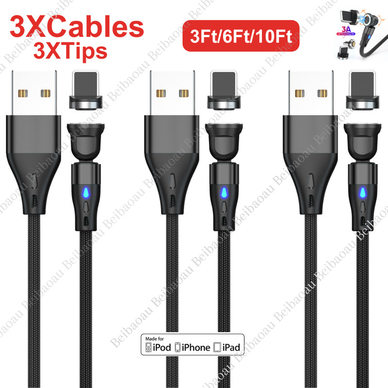 3Pack Rotate Magnetic Fast Charging Cable Cord 3A Charger For iPhone 14 13 12 11