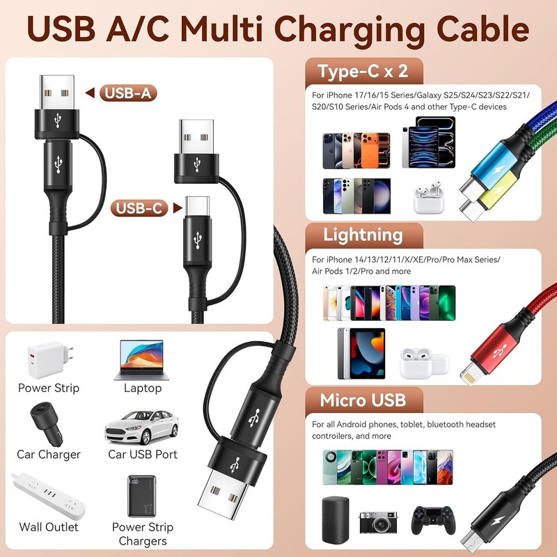 Dual USB-C 4 in 2 Multi Charging Cable 6Ft for iPhone Android iPad Kindle PS gallery