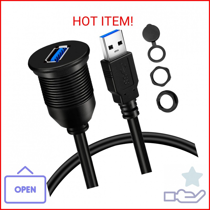 BATIGE Single Port USB 3.0 Male to Female AUX Car Mount Flush Cable Waterproof E