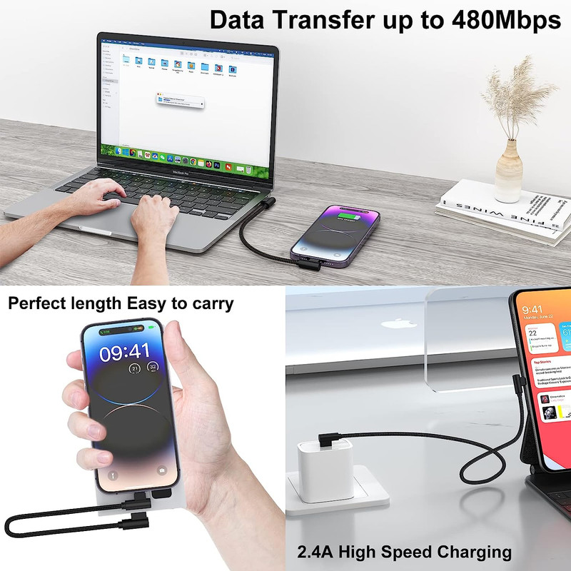Iphone Charger 1Ft 90 Degree 2 Pack Mfi Certified Elbow Short Lightning Cable gallery