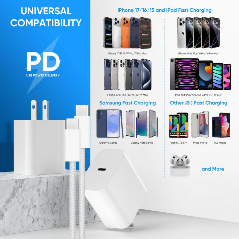 For iPhone 15 16 17 iPad Pro PD Fast Charger Cable 20W USB-C Power Adapter Block gallery