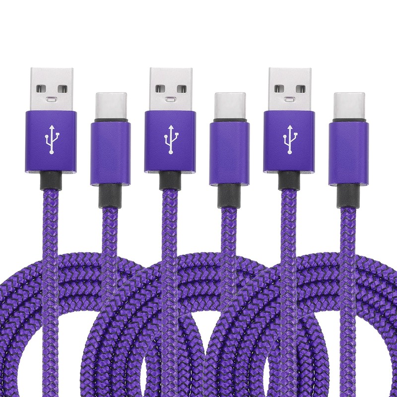 6.56ft USB Type C Charger Cable 3pcs 2.4A Type-C Braided Data Cord Purple