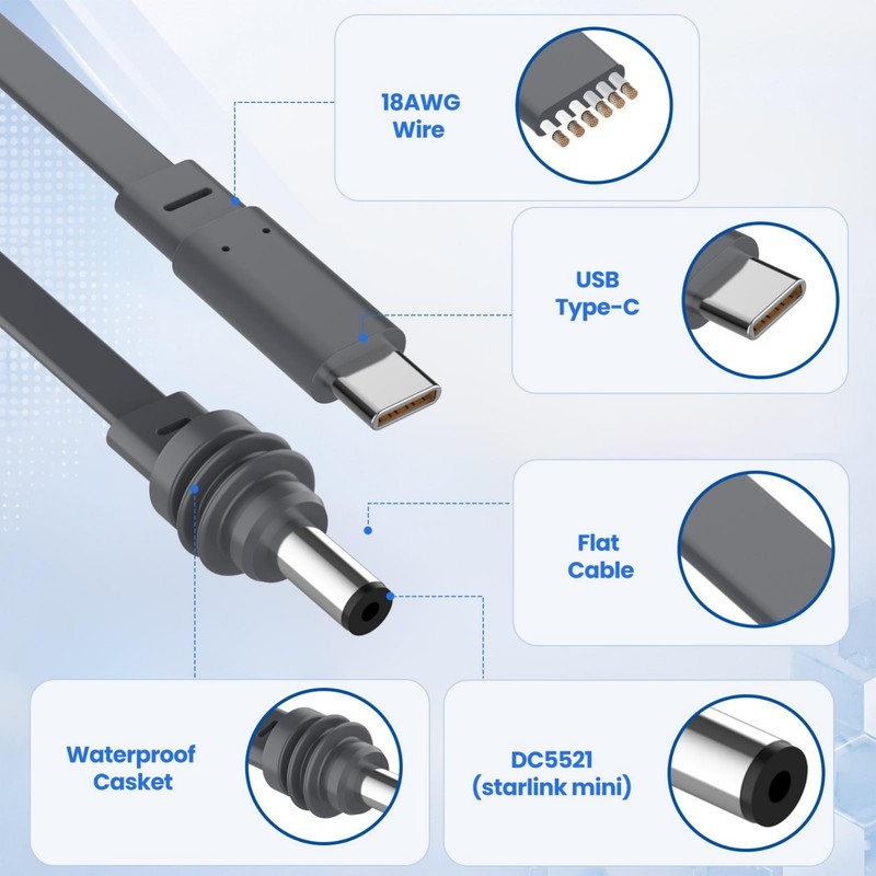 USB C to DC Power Cable 32.8FT, 100W Flat Type-C to DC5521, Weather-Resistant Ou gallery