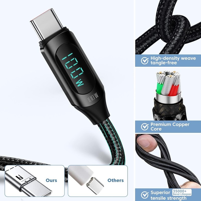 100W USB-C to USB-C Fast Charging Cable 6.6FT with LED Display | Nylon Braided T gallery
