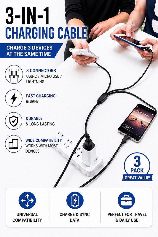 3 Pack 3-in-1 Charging Cable USB-C Micro USB 8-Pin 120cm Black