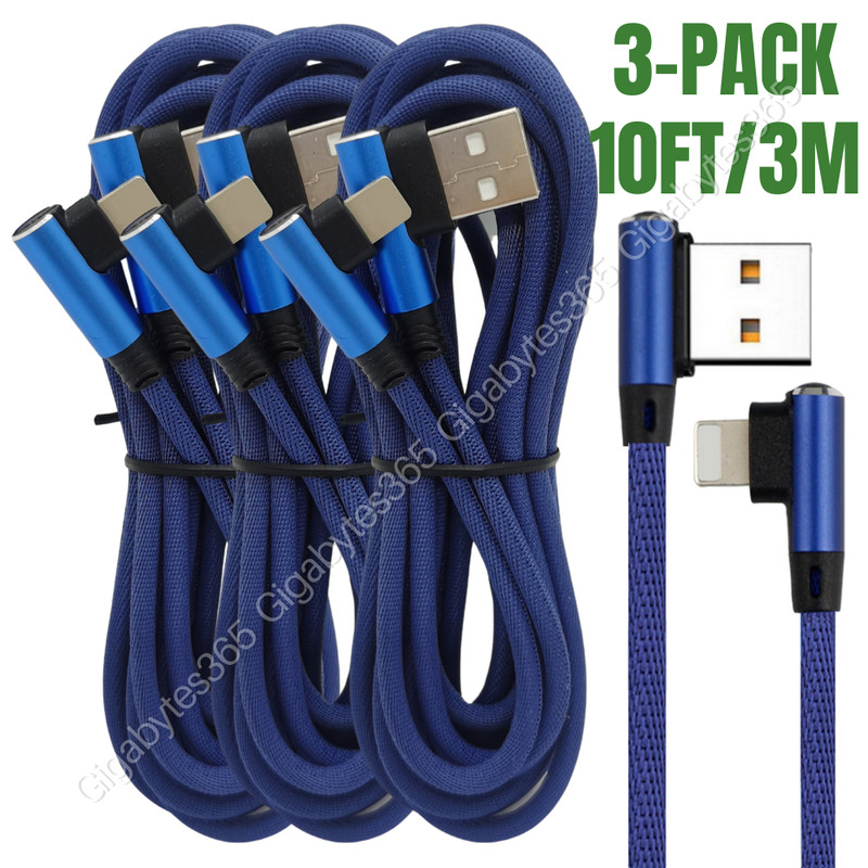 3/6X 90 Degree Elbow USB Charger Cable 10FT For iPhone 14 13 12 11 Charging Cord