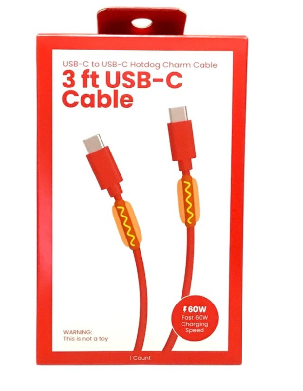3 Foot USB-C Cable – Special Hotdog Charm Cable – Fun Creative Gift – Brand New